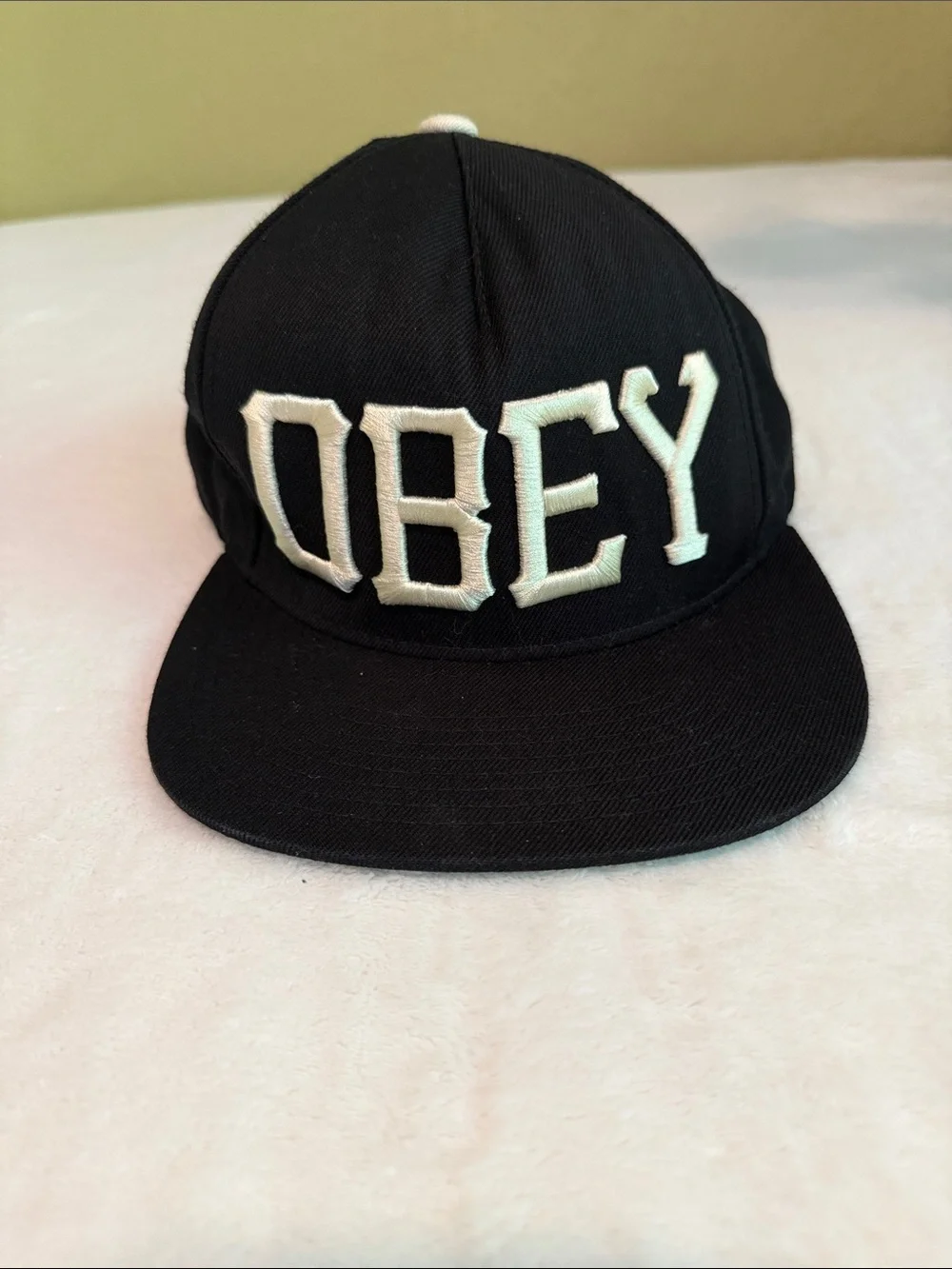 Obey Black Cap with Cream Embroidered Raised Letters